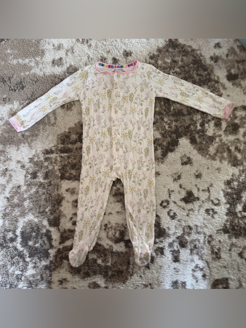 Magnetic Me Cream Floral Footed One-Piece with Pink Trim